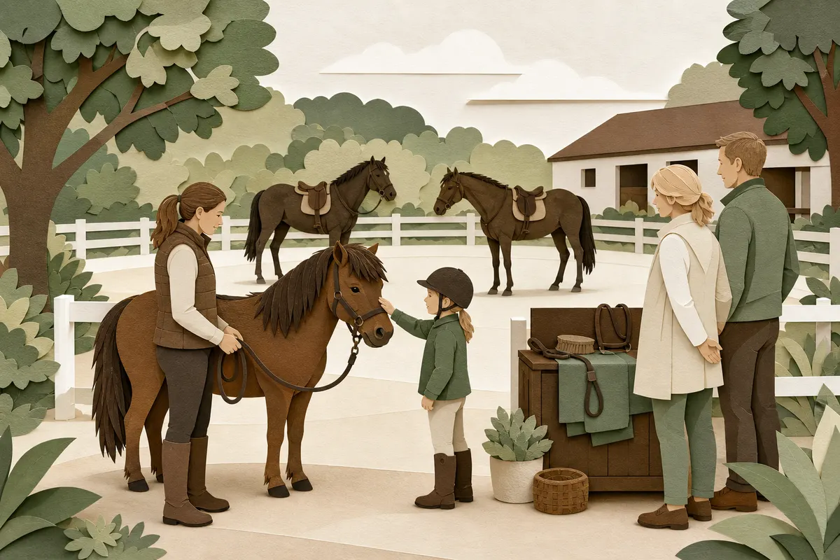 Kind lernt bei einem Familientag unter Anleitung den sicheren Kontakt zu einem Pony kennen