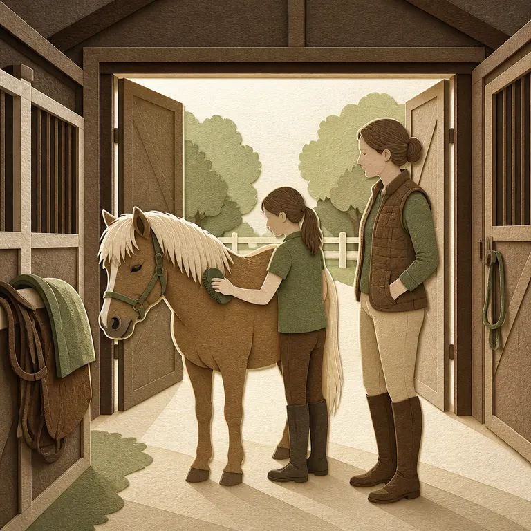 Jugendlicher pflegt ein Pony unter sichtbarer Betreuung in der Stallgasse