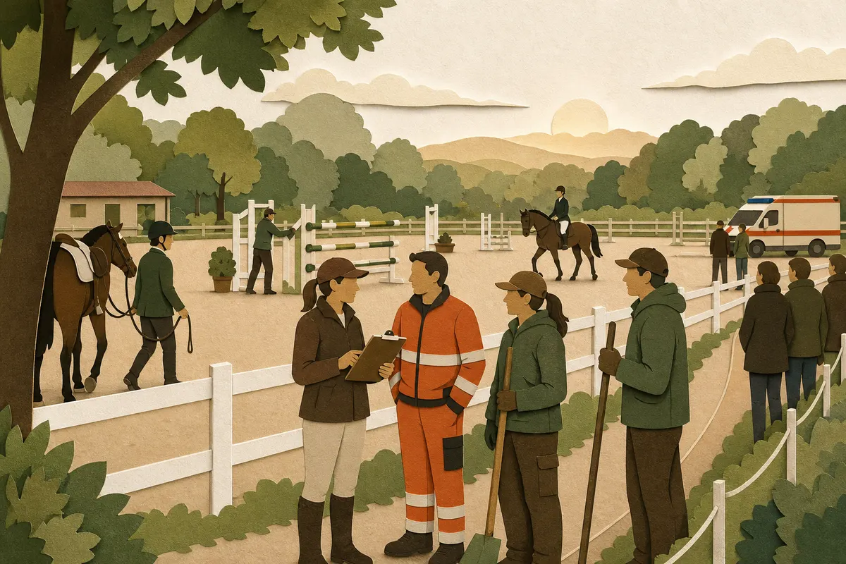 Turnierleitung, Sanitäter und Helfende besprechen morgens die Sicherheit auf dem Reitplatz