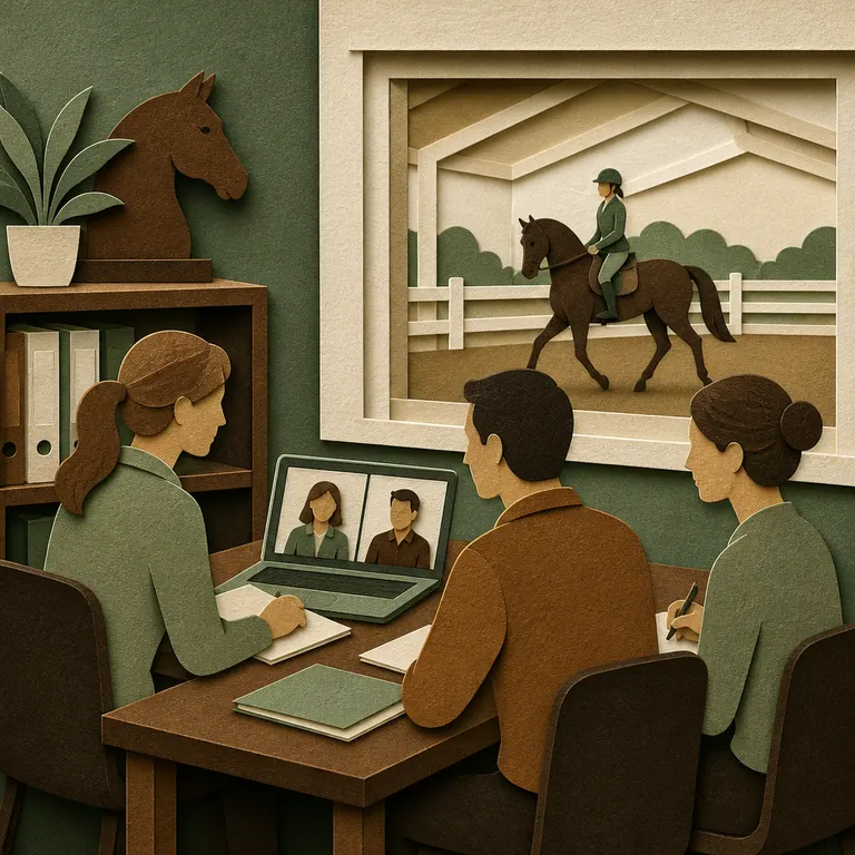 Hybride Vorstandssitzung eines Reitvereins mit Laptop und Präsenzteilnehmenden